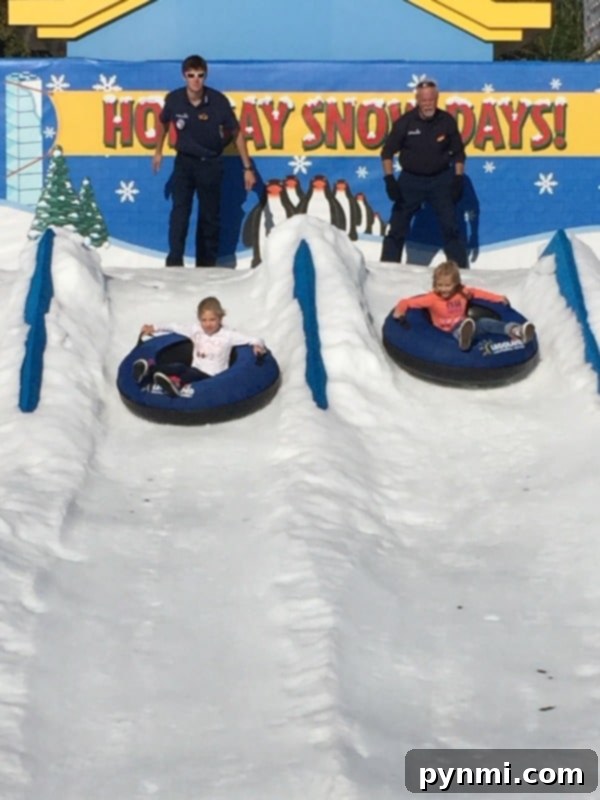 Legoland Holiday Snowfest 7 Kids playing in a large snow area with sleds and snow tubes at Legoland Snow Days.