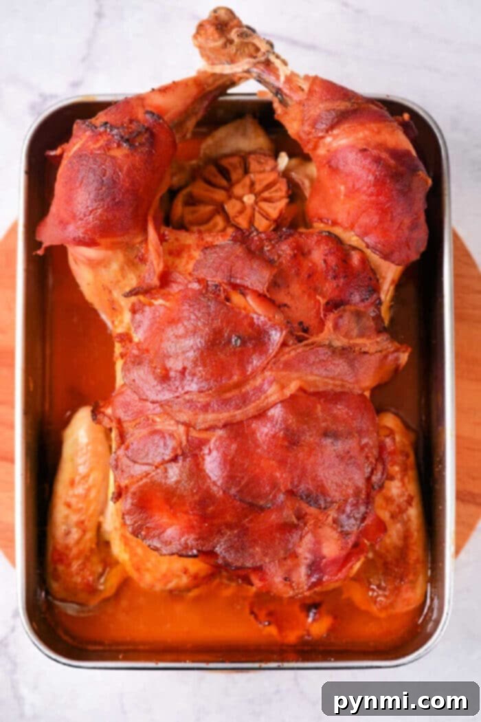 Gourmet Bacon-Wrapped Stuffed Chicken 2 Crispy bacon wrapped whole chicken, golden brown, stuffed with aromatics and ready to serve