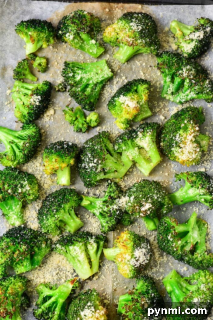 Perfectly roasted frozen broccoli florets, golden brown and tender-crisp, served in a bowl as a healthy side dish.