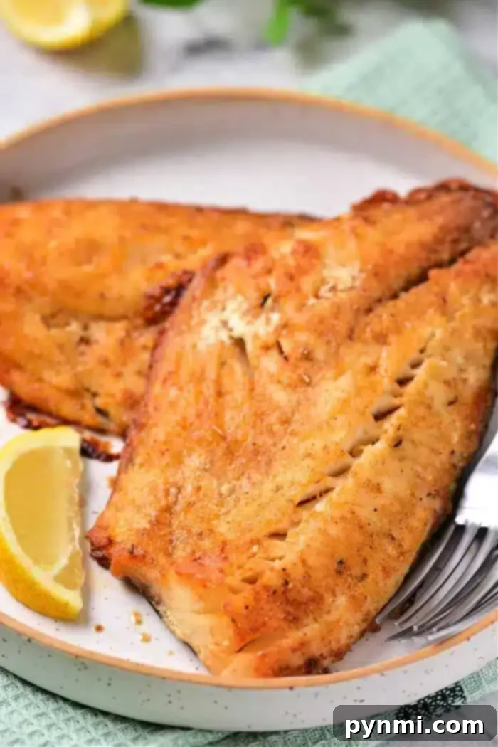 Two pieces of seasoned, grilled fish fillets sit on a round plate with a metal fork nearby. A slice of lemon garnishes the dish, complementing the freshly baked flavor. The plate rests on a green and white checkered cloth, offering an inviting presentation for any seafood lover.