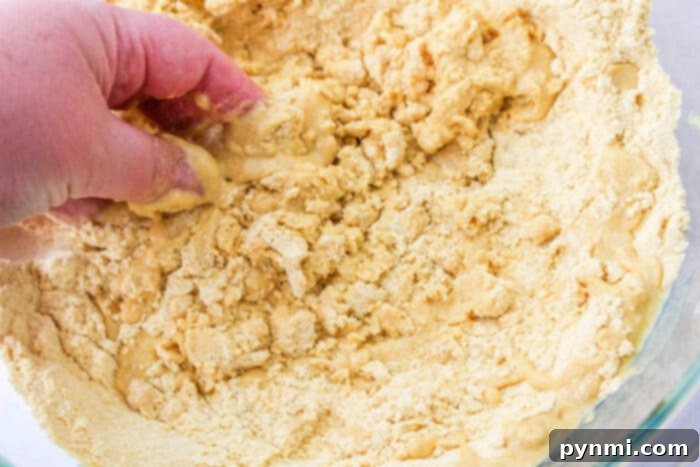 Crafting Perfect Tamales Masa 4 Hand mixing crumbly masa dough in a clear bowl, perfecting the art of how to make tamales masa.