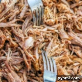 Two forks effortlessly shredding juicy, cooked pork for tamales.