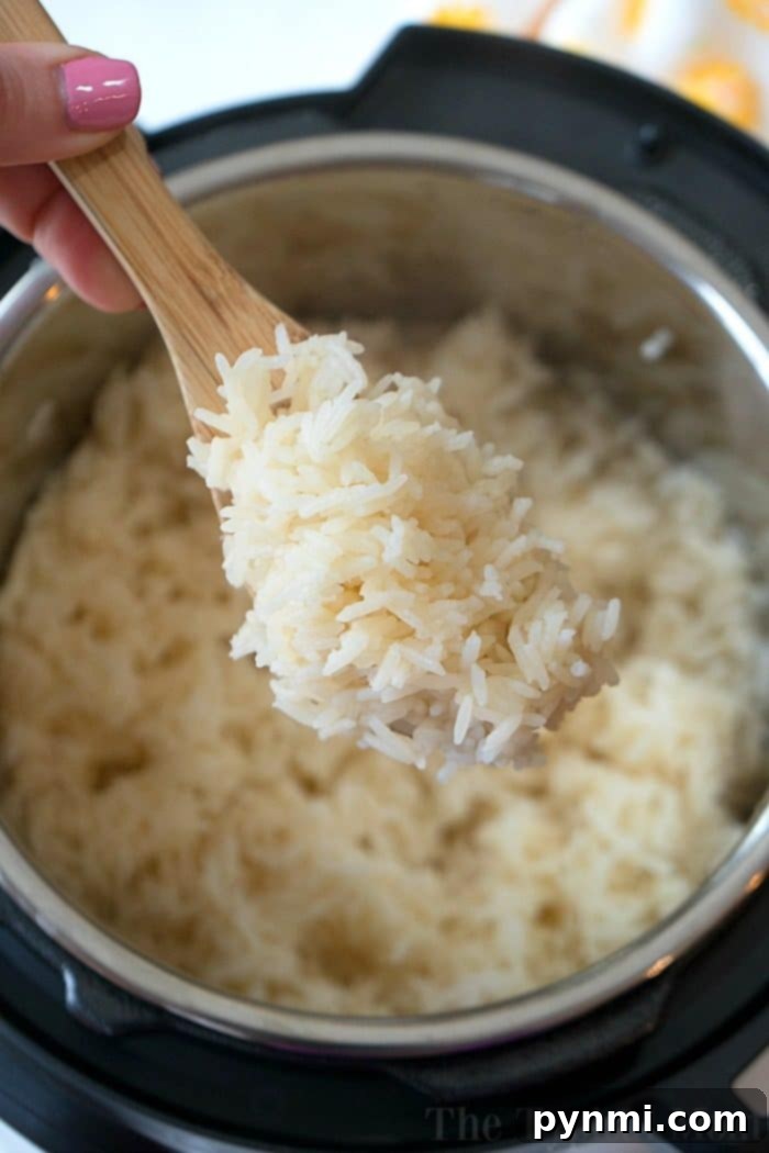 Unlock Perfect Rice Timing 5 Cooked white rice in an Instant Pot, fluffy and ready to serve, showcasing the efficiency of pressure cooking for perfect grains.