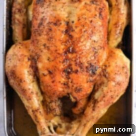 A roasted chicken with crispy, golden-brown skin is placed in a metal baking tray. Seasoned with spices and tied at the legs, it rests in its juices—perfectly cooked after you know how long to cook a whole chicken for that succulent tenderness.