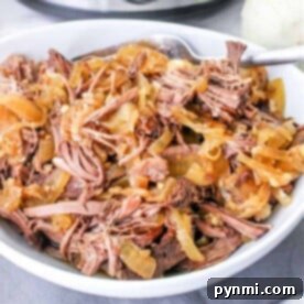 A bowl of shredded beef with sliced onions sits next to a slow cooker, infused with the rich flavors of red wine, on a gray cloth.