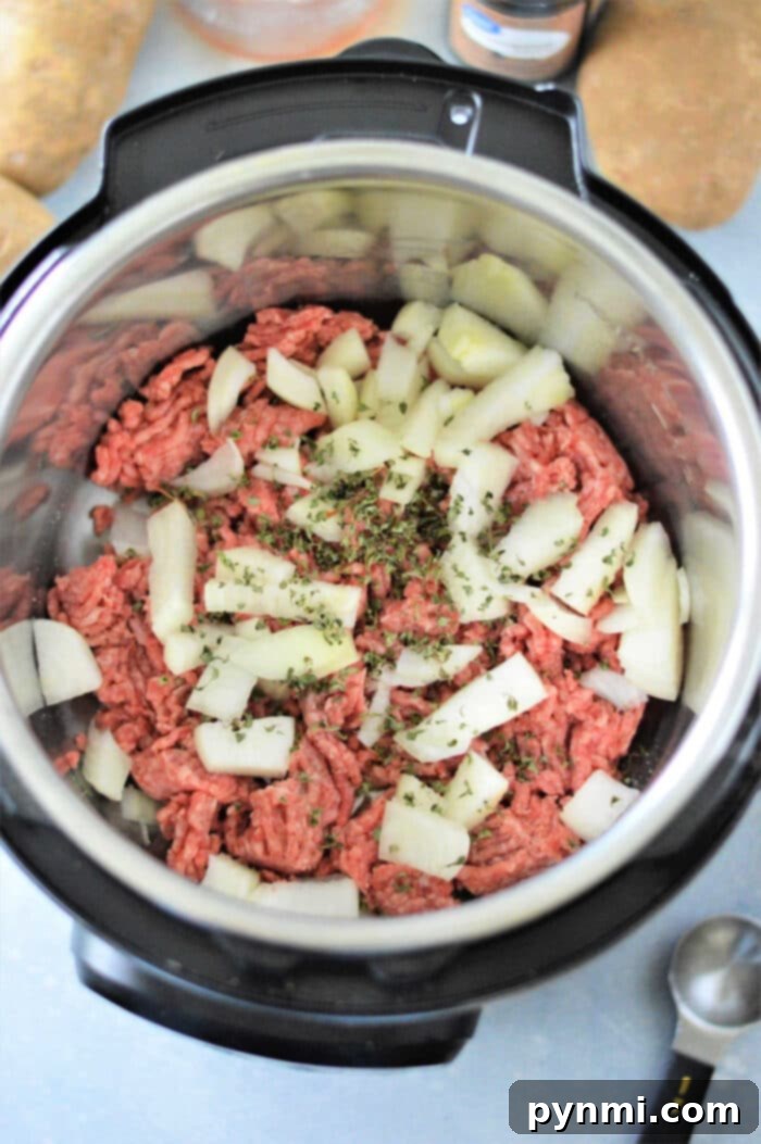 Perfect Ground Beef Every Time: Your Cooking Guide 6 An overhead view of raw ground beef, chopped onions, and seasoning in an Instant Pot, ready to be cooked. Wondering how long to cook ground beef? This combination ensures a delightful meal in no time.