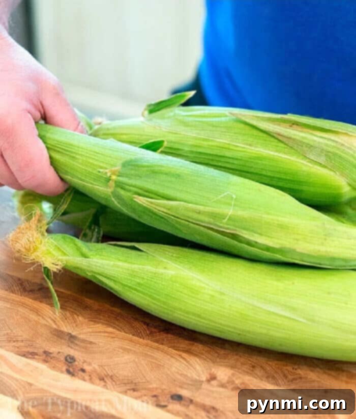 Microwave Corn on the Cob Perfect Timing 3 How to Cook Corn on the Cob in Microwave - Two ears of fresh corn on the cob in their husks, ready for cooking.