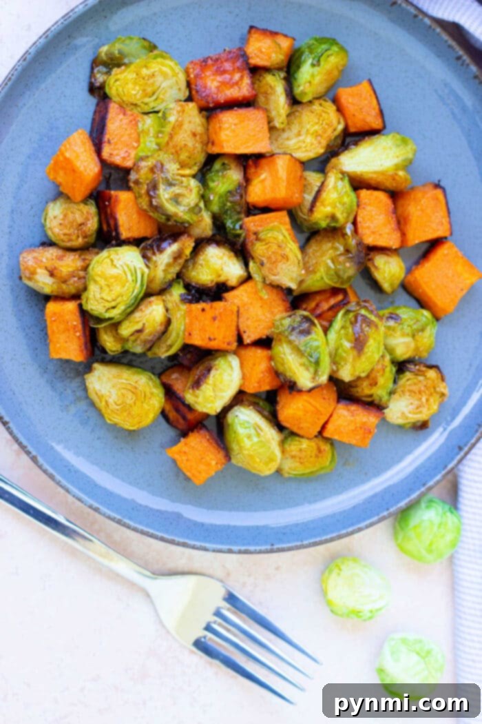 Air-Fried Sweet Potato & Brussels Perfection 6 Sweet Potato and Brussel Sprouts in a serving bowl