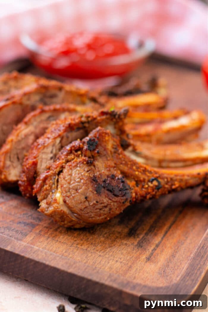 Crafting Irresistible Lamb Ribs 2 Delicious Lamb Ribs Recipe resting on a wooden board, garnished with fresh herbs, ready to be served.