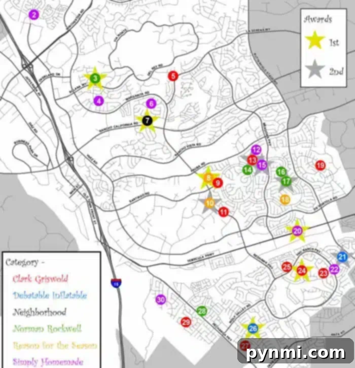 Explore our Christmas Lights Temecula map, a festive guide with neighborhoods adorned by numbered, colored stars marking key locations. Categories like Clark Griswold and Simply Homemade add holiday charm, while the legend displays award stars for 1st and 2nd place winners.