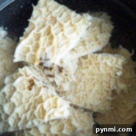 A pot filled with pieces of raw tripe soaking in water, providing a glimpse into how to cook tripe. The textured, ruffled surface suggests it's in the preparation stage. The clear water contrasts with the black pot, setting the scene for a culinary journey.