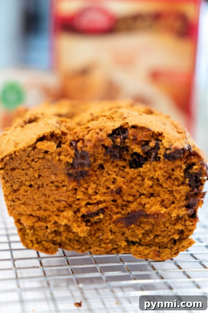 A beautifully sliced loaf of cake mix pumpkin bread, revealing its moist interior and ready for serving.