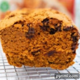 Close-up of a chocolate chip pumpkin bread loaf, freshly baked and resting on a cooling rack.