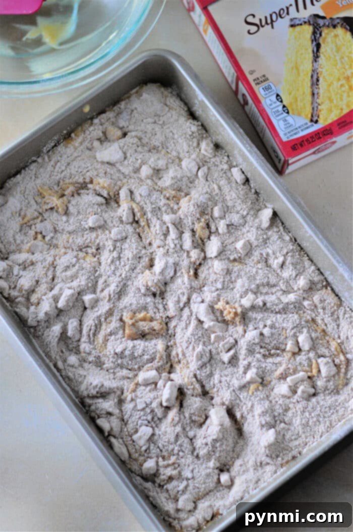 Yellow Cake Mix Coffee Crumble 4 Cinnamon Coffee Cake with Cake Mix, showcasing its swirled topping and delicious texture.
