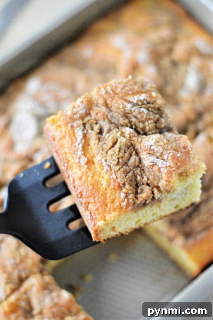 Yellow Cake Mix Coffee Crumble 6 Coffee Cake made with Yellow Cake Mix, showing a slice ready to be served.