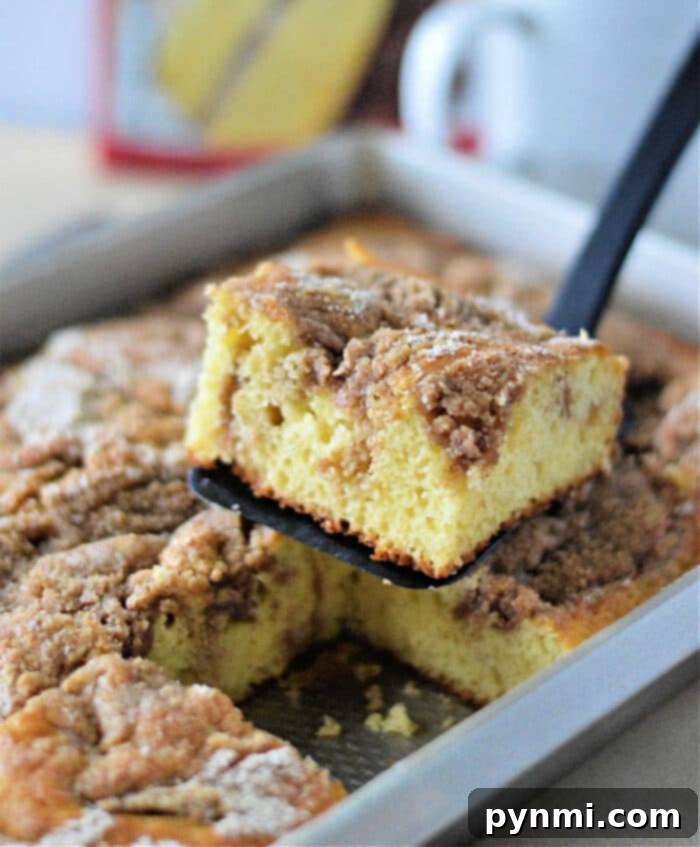 Yellow Cake Mix Coffee Crumble 8 Betty Crocker cake mix coffee cake, with a close-up of the crumbly topping and moist interior.