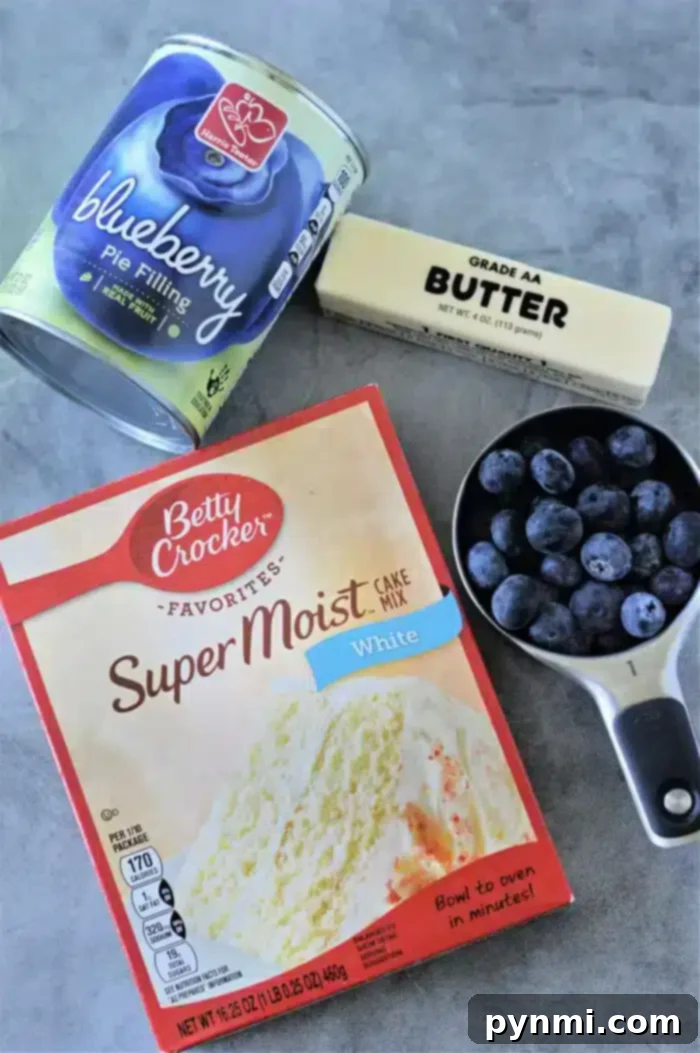 A can of blueberry pie filling, a stick of Grade AA butter, and a box of Betty Crocker Super Moist white cake mix are perfectly arranged on a gray surface, ready to create a delicious blueberry cobbler with cake mix. A measuring cup filled with fresh blueberries completes the scene.
