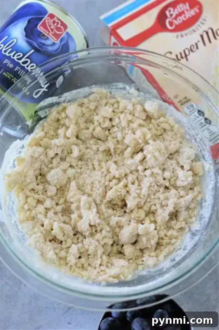 A glass bowl with crumbly dough mixture is surrounded by a blueberry pie filling can, a Betty Crocker Super Moist cake mix box, and a few scattered blueberries on a gray surface, hinting at the creation of a delicious blueberry cobbler with cake mix.