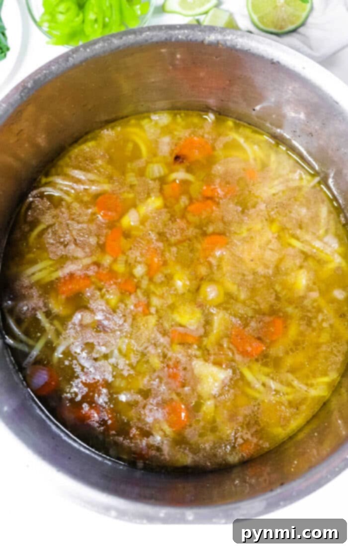 Chicken Pho Broth - A bowl of chicken pho with clear broth, noodles, chicken slices, and fresh herbs.