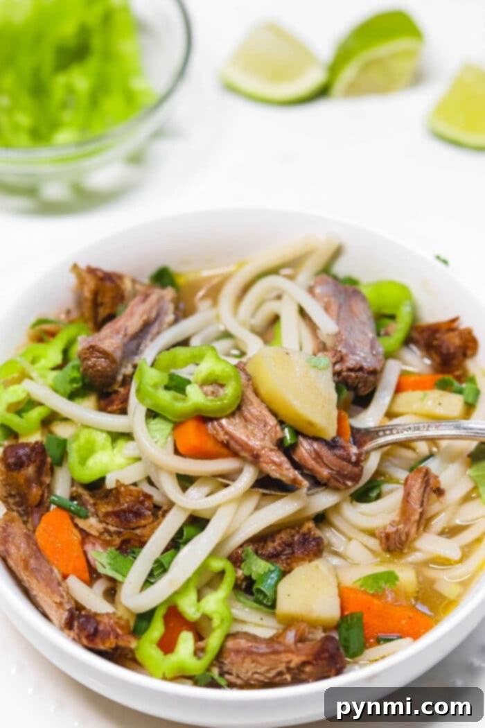 Beef Pho Broth - A vibrant bowl of beef pho, showcasing the rich broth, noodles, thinly sliced beef, and fresh herbs.