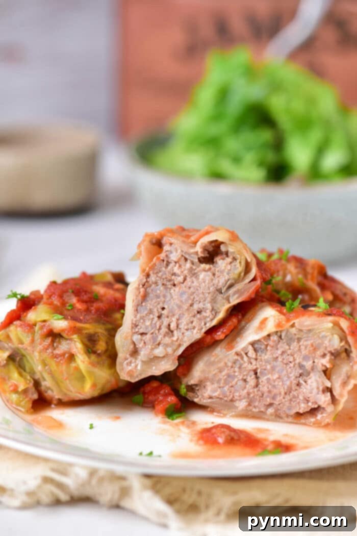 Hearty Cabbage and Sausage Bundles 6 A close-up of an Easy Pigs in a Blanket Cabbage Recipe, highlighting the tender cabbage and rich filling.