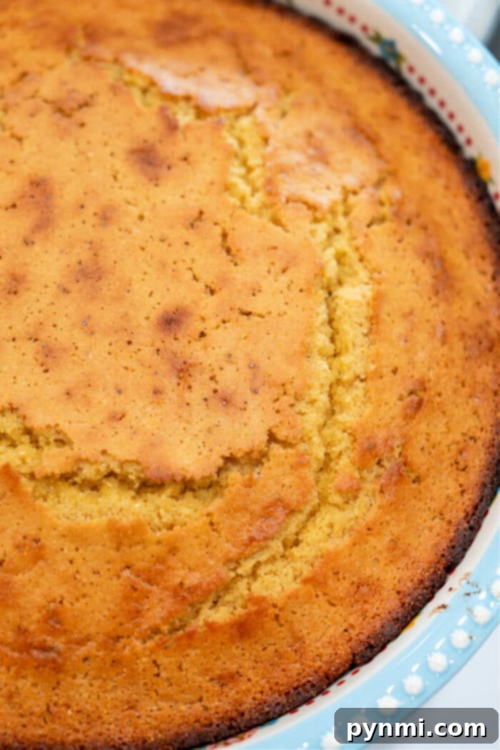 Golden-brown buttermilk cornbread in a pie pan, ready to be served
