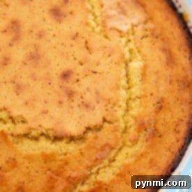 Close-up of a golden-brown cornbread in a round pan, showcasing its lightly cracked surface—a classic Southern dish often made with buttermilk and cornmeal.