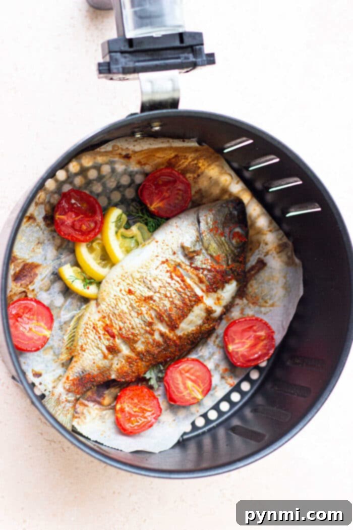 Air Fryer Whole Mahi Mahi - another view of a golden, crispy whole fish