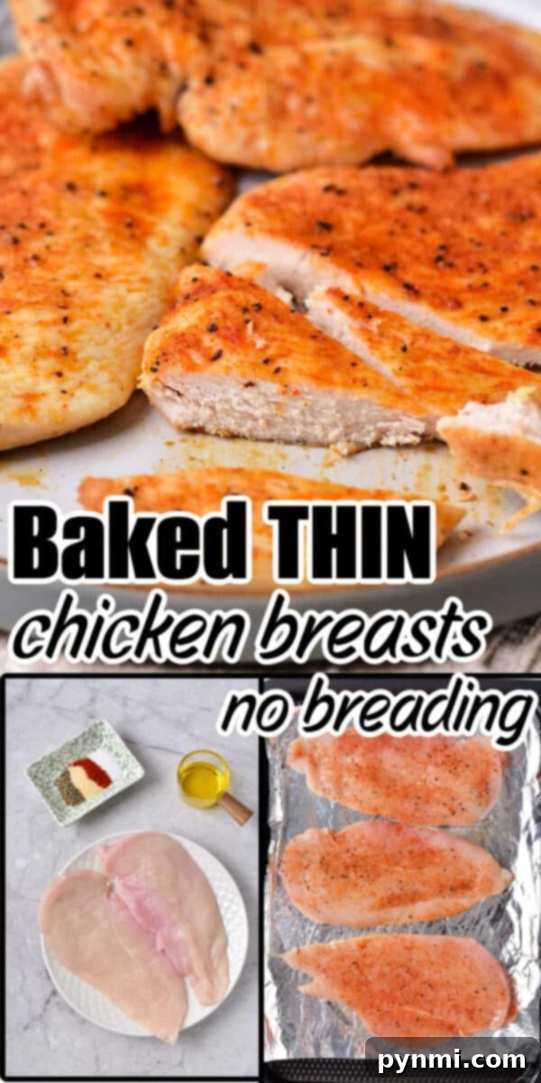 Seasoned, baked, thin chicken breasts with no breading shown cooked, raw, and before baking on foil. See how long to cook thin chicken breast in oven for perfect results every time.
