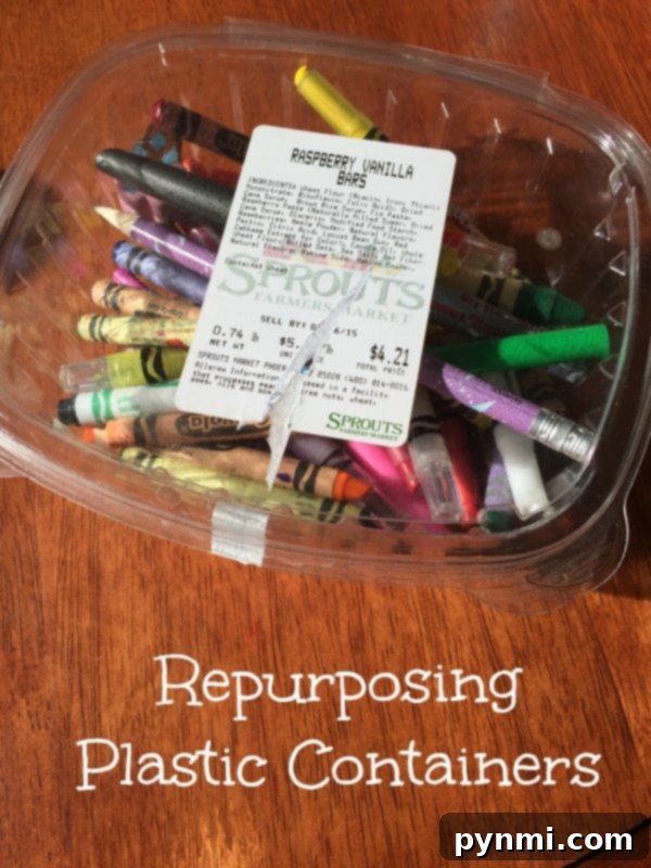 Repurpose flat plastic containers into portable art kits or busy boxes for children Plastic container filled with crayons and a small notebook for kids' entertainment