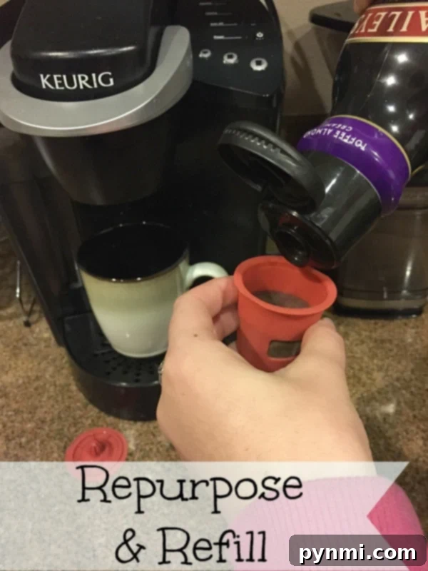 Simplify your coffee routine by using a repurposed creamer container for Keurig refills Repurposed creamer container filled with coffee grounds for easy Keurig pod refills