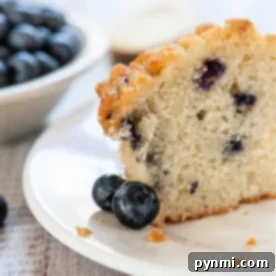 A slice of delicious cake mix blueberry muffins, sits elegantly on a white plate with fresh blueberries beside it.