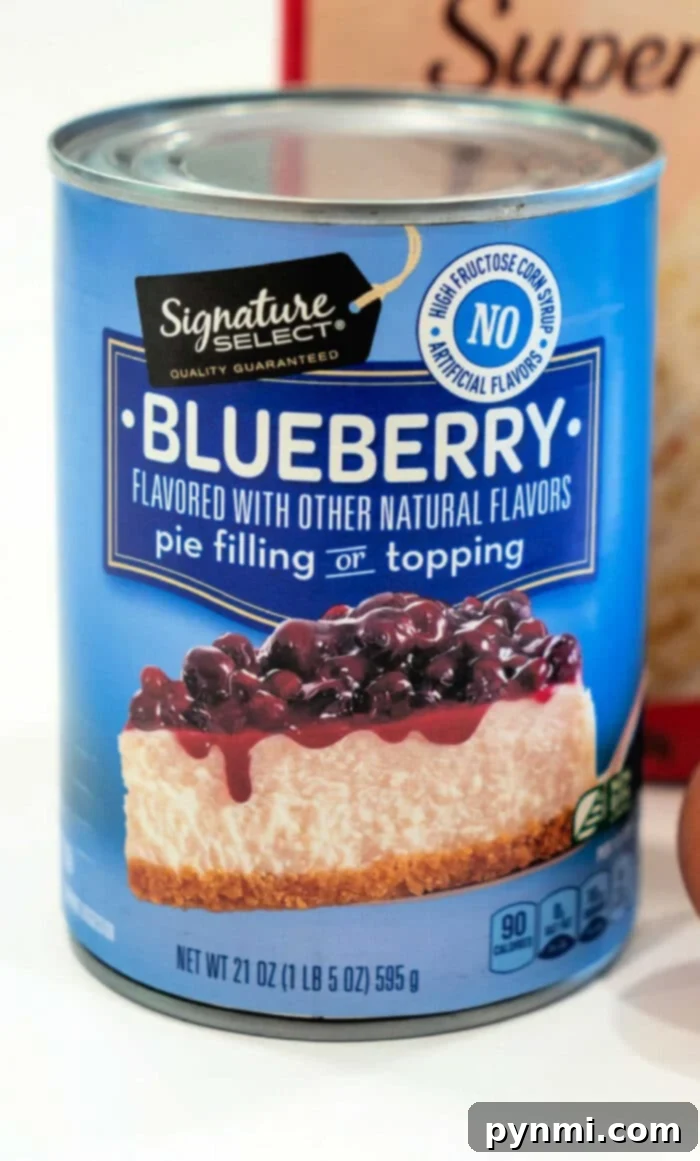 A selection of delicious blueberry desserts made using canned pie filling, including pie, muffins, and cobbler.