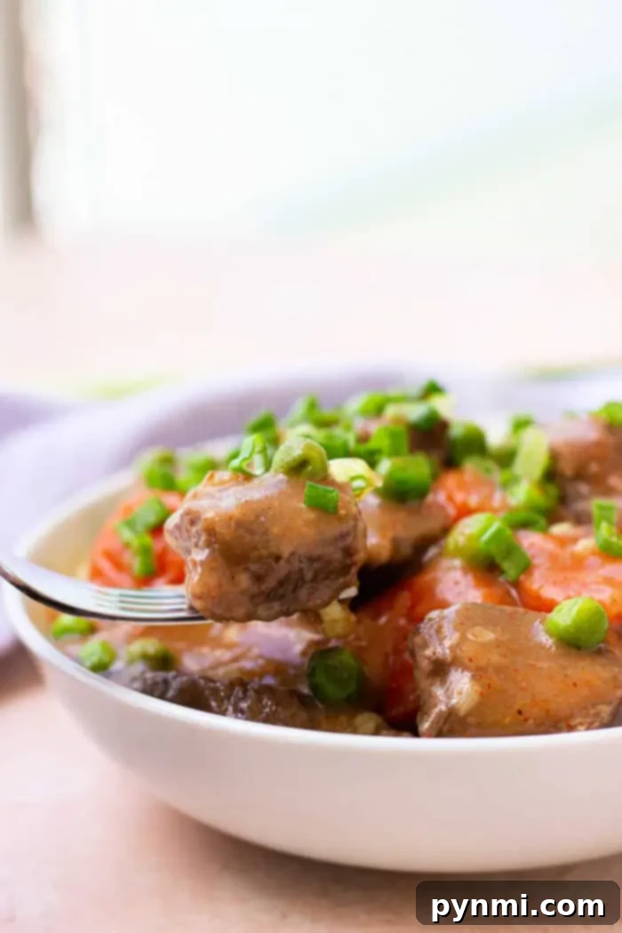 A close-up of a bowl of savory stew with chunky pieces of bear meat, carrots, and green peas. A fork holds a tender piece above the bowl, while the dish is beautifully garnished with chopped green onions.