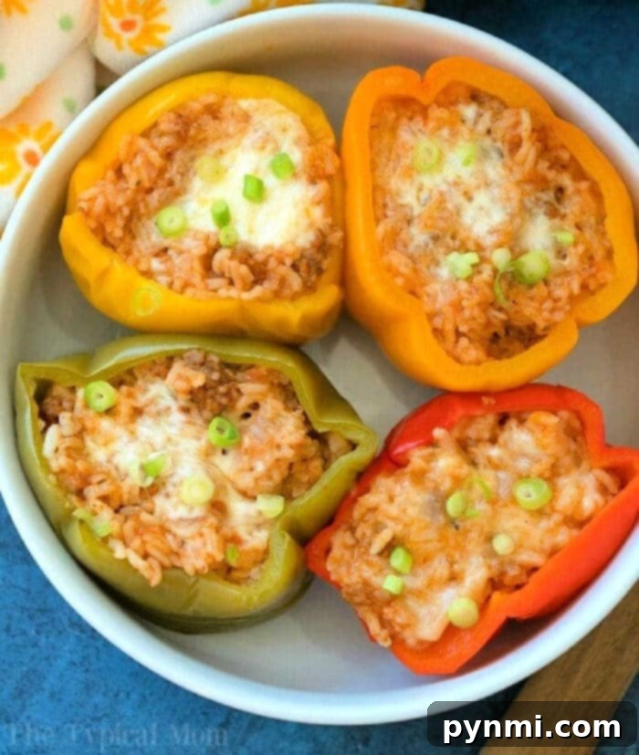 Old-fashioned stuffed bell peppers with rice, ground beef, and sauce
