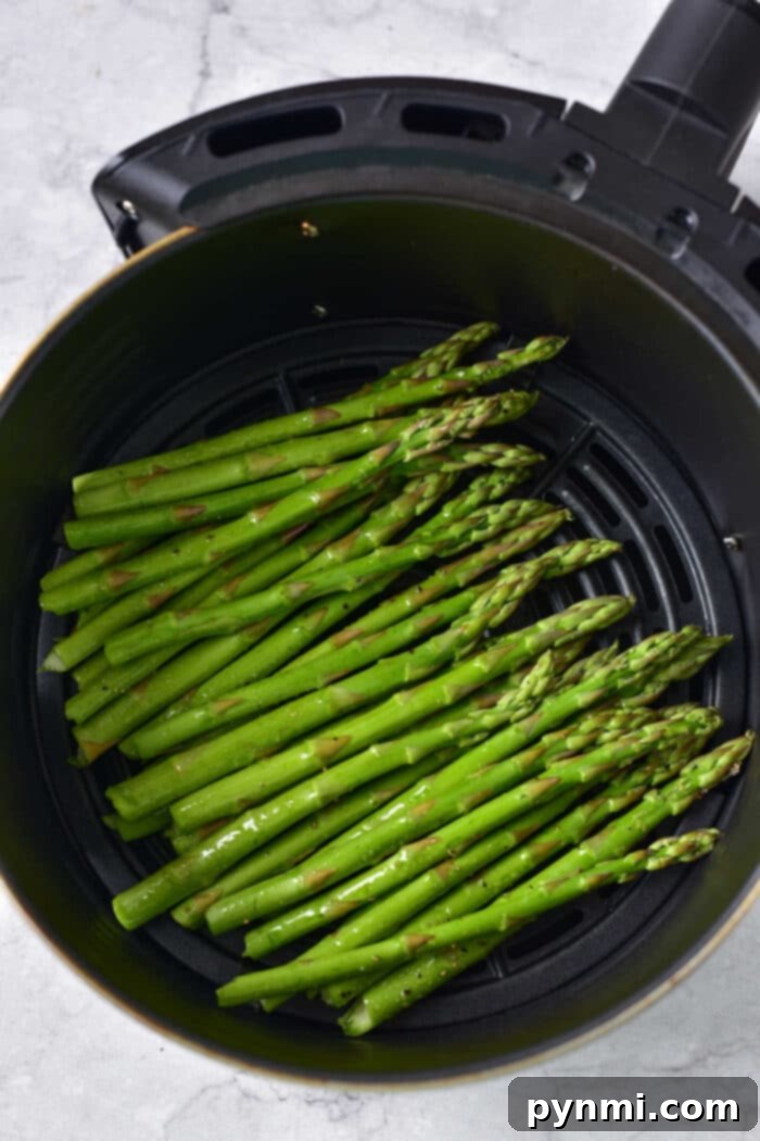 Freshly cooked asparagus in a Ninja Foodi basket, ready to be served