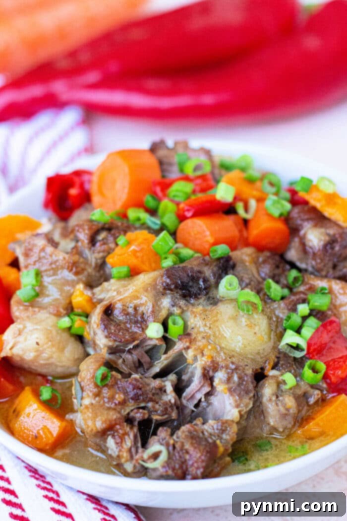 Stewed easy oxtail recipe, garnished with fresh scallions.