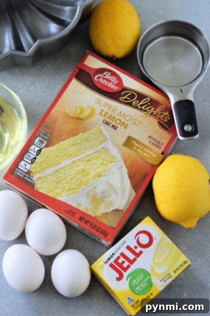 Lemon Bundt Cake With Cake Mix - A close-up view of a slice of moist lemon bundt cake, showing the texture achieved with a cake mix.