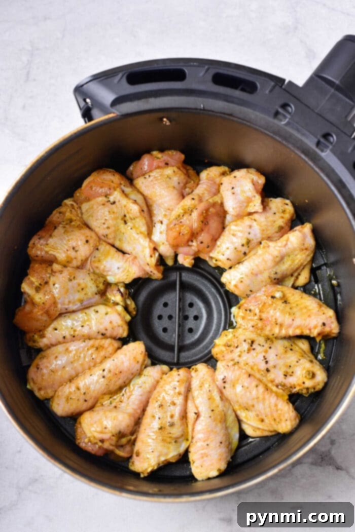 Raw, seasoned chicken wings arranged neatly in the basket of an air fryer, ready to be cooked. Marinated with a delightful honey lemon pepper blend, the wings are placed in a circular pattern against the black interior of the fryer.