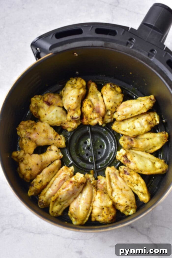 A close-up of crispy Honey Lemon Pepper chicken wings perfectly cooked in an air fryer, glistening with sauce and ready to be served.