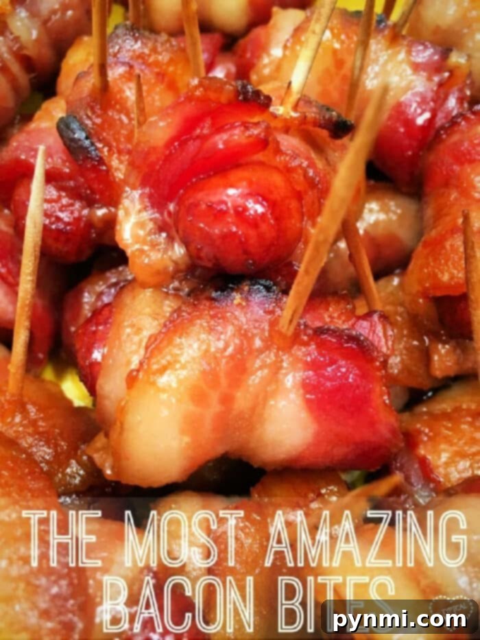 Great salty and sweet appetizers with bacon that are great for super bowl parties, get togethers or as a side dish. The best recipe for cocktail wieners. #bacon #smokies #sweet #brownsugar #hotdogs #best #appetizers #wieners Close-up of brown sugar bacon smokies ready for baking, showcasing the beautiful sugar coating and bacon wraps.