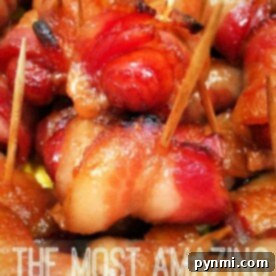 Close-up of bacon-wrapped hot dogs with brown sugar, secured with toothpicks, text overlay reads The Most Amazing Bacon Bites.