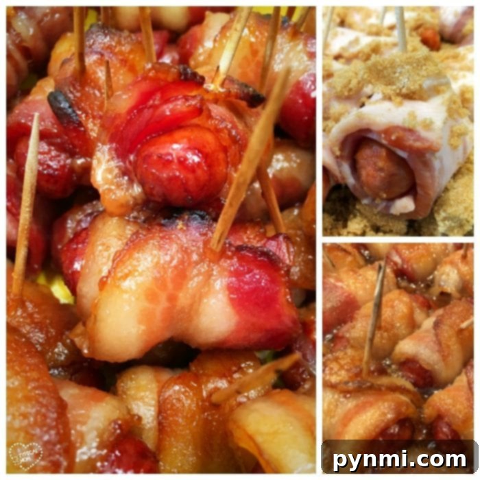 Great salty and sweet appetizers with bacon that are great for super bowl parties, get togethers or as a side dish. The best recipe for cocktail wieners. #bacon #smokies #sweet #brownsugar #hotdogs #best #appetizers #wieners Three images showing the preparation and final result of bacon-wrapped hot dogs with brown sugar, highlighting their delicious appeal.