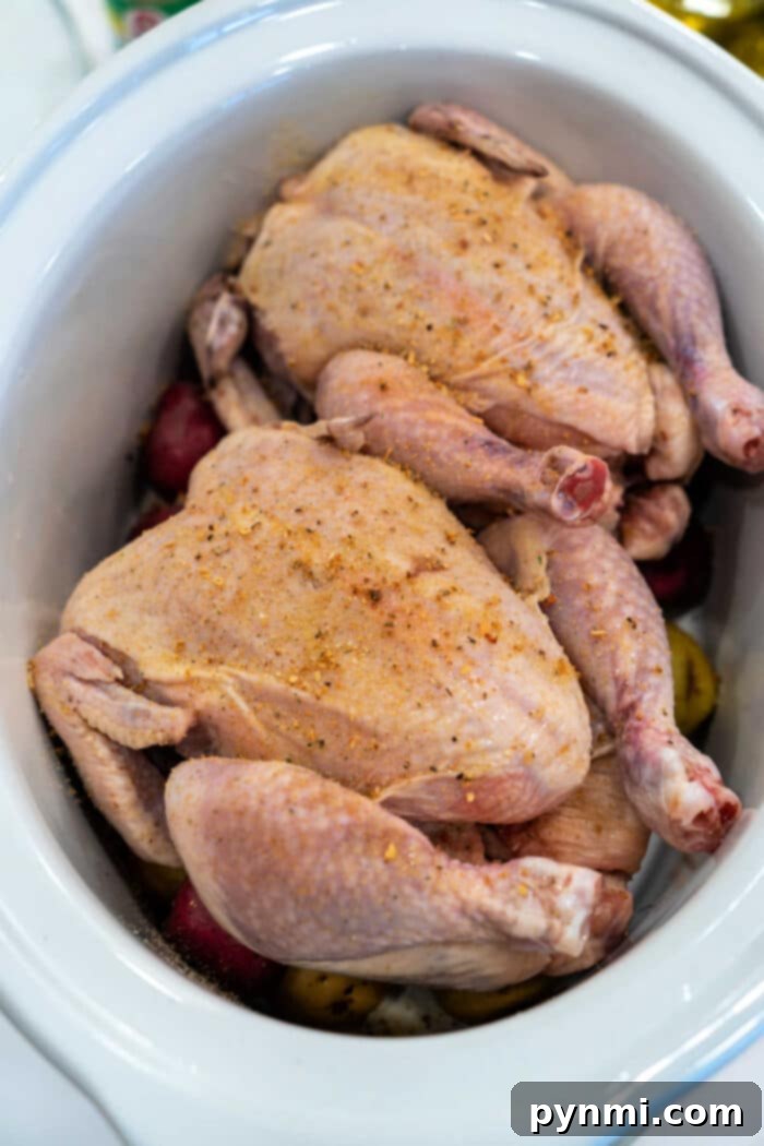 Effortless Slow Cooker Cornish Hens 4 Two perfectly golden-brown slow cooker Cornish hens, with crispy skin, resting in a black air fryer basket.