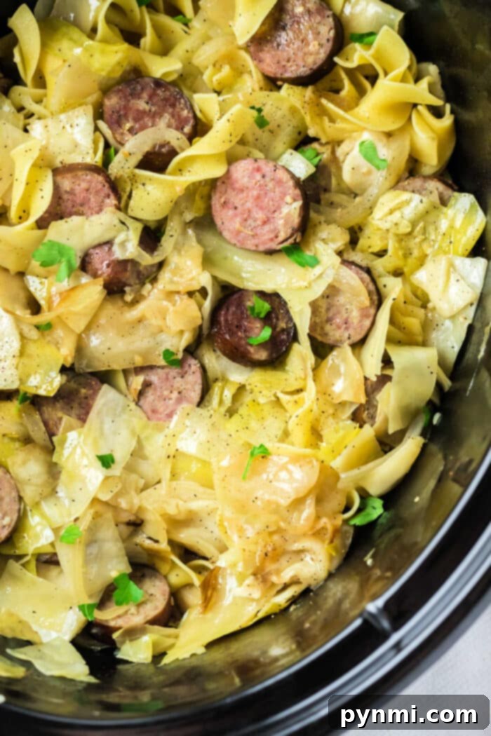 Effortless Slow Cooker Haluski 2 Sliced kielbasa sausages with tender cabbage and golden egg noodles, creating a classic Haluski dish, garnished with fresh parsley in a slow cooker.