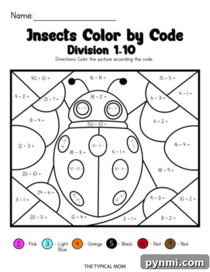 Divide and Design 4 Division Color by Number worksheet featuring code-based insect designs with division problems and a color key. Perfect for 2nd, 3rd, and 4th graders.