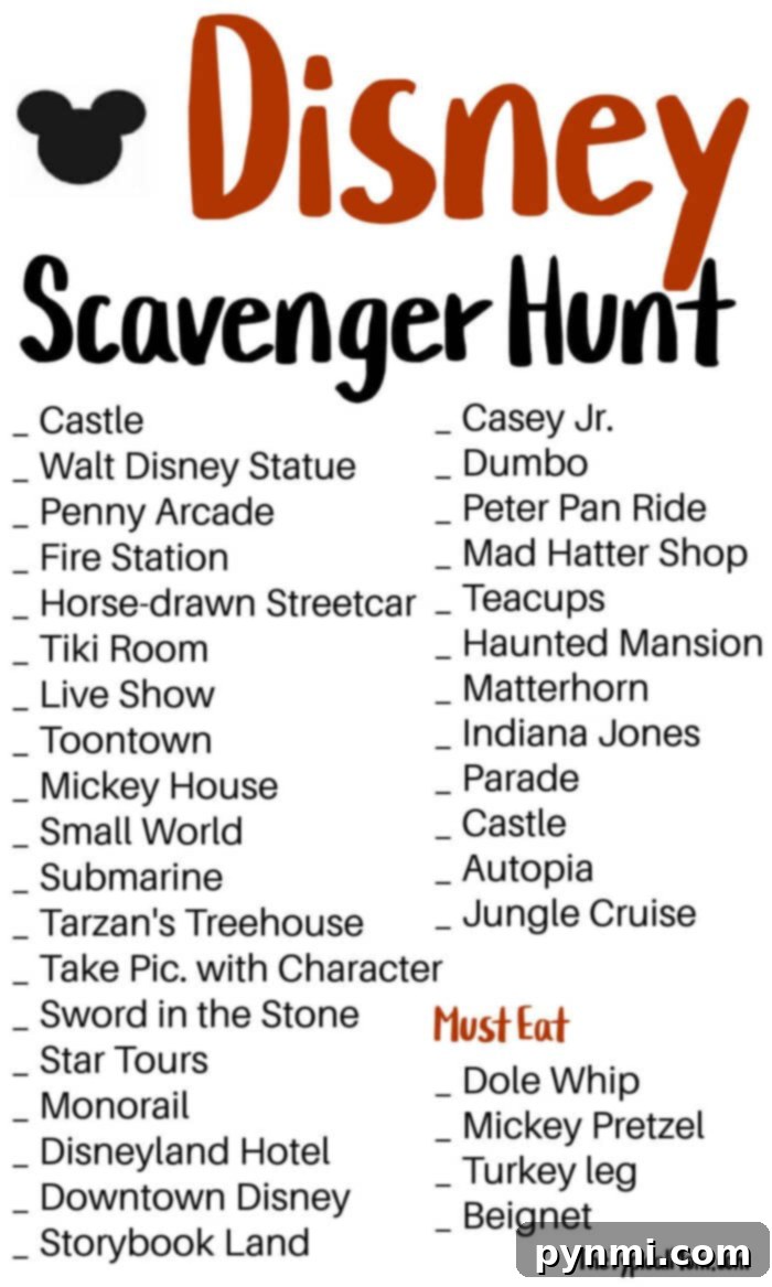 Printable Disney Adventure Quest 2 Free Disneyland scavenger hunt printable checklist for kids and families
