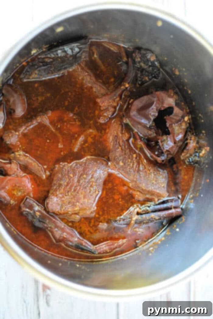 A pot of savory cooked birria red sauce and spices, perfect for making mouthwatering Birria Quesadillas.