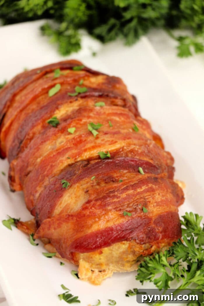 Turkey Meatloaf Wrapped in Bacon, perfectly cooked in an air fryer, showcasing its crispy bacon exterior and tender texture.