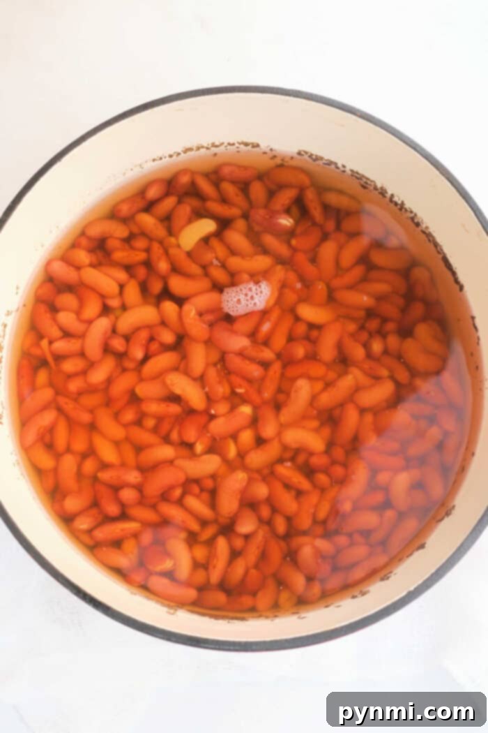From Dry to Delicious: Cooking Kidney Beans 5 Overhead view of a pot of red kidney beans simmering on the stove, a classic method for cooking these versatile legumes.